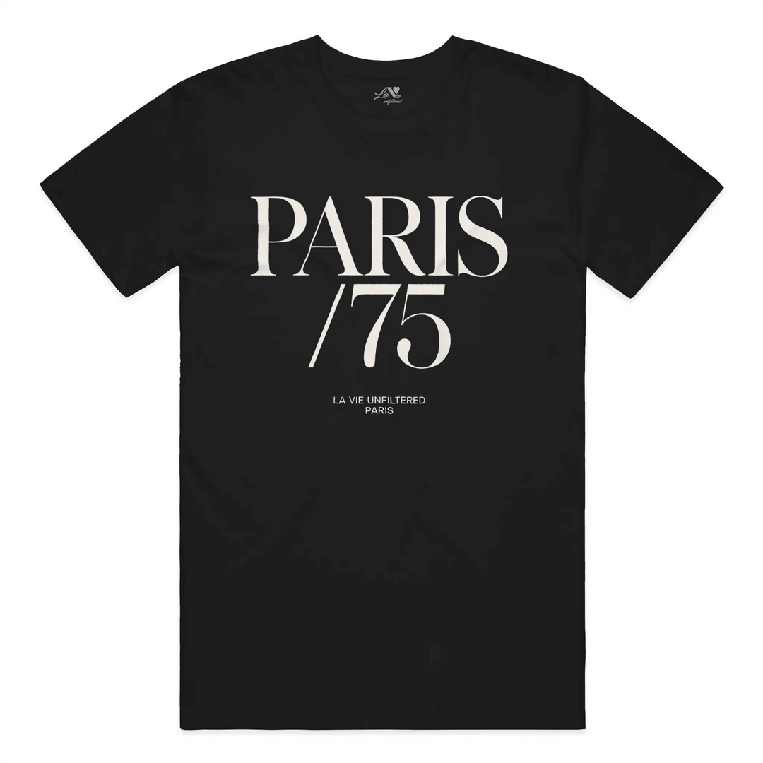 Black t-shirt with Paris 75 graphic by La Vie unfiltered