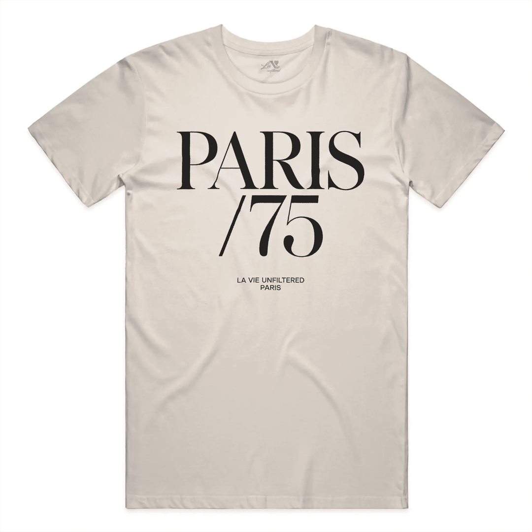 Soft Sand t-shirt with Paris 75 graphic by La Vie unfiltered