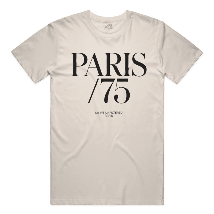 Soft Sand t-shirt with Paris 75 graphic by La Vie unfiltered