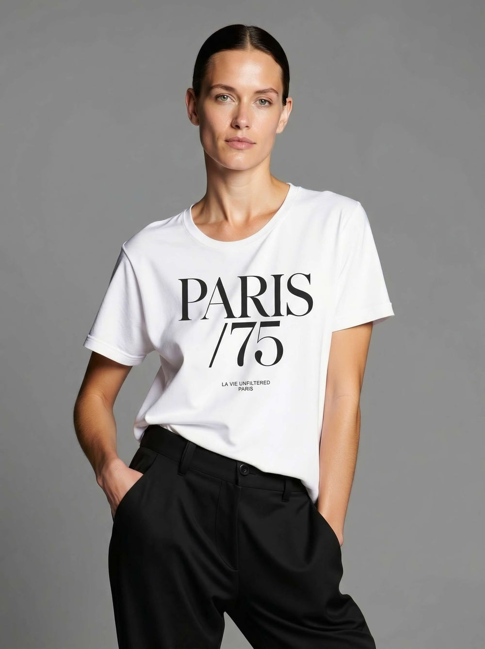 Model wearing White with Paris 75 graphic by La Vie unfiltered