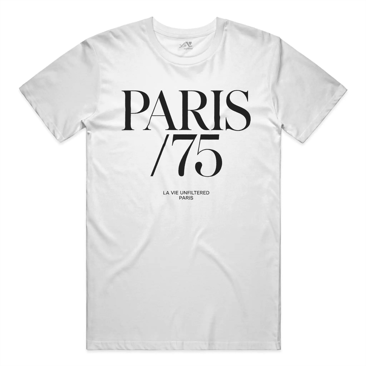 White t-shirt with Paris 75 graphic by La Vie unfiltered