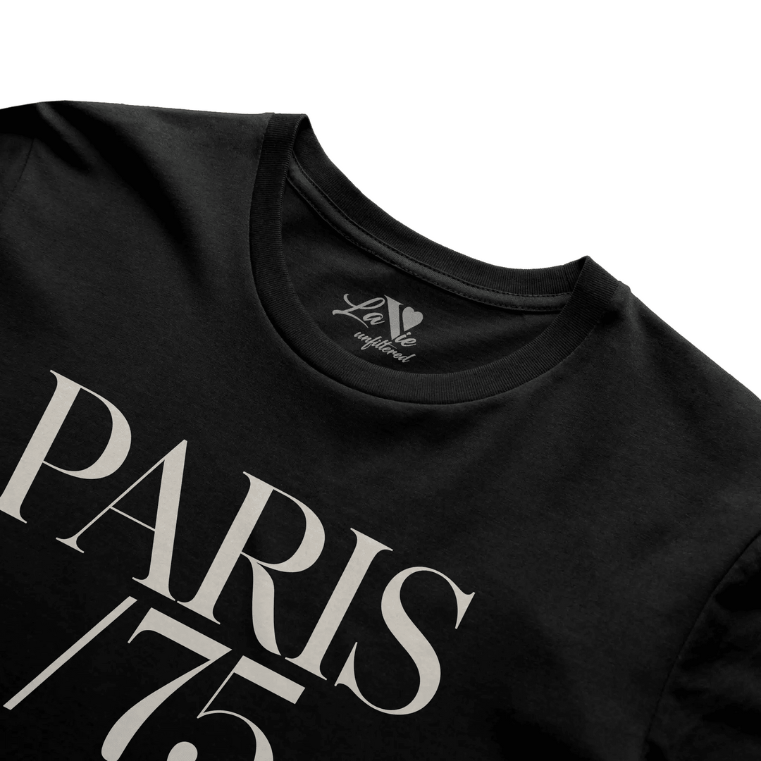 Black t-shirt with Paris 75 graphic by La Vie unfiltered