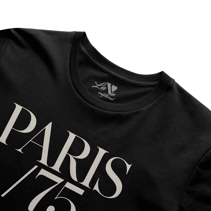 Black t-shirt with Paris 75 graphic by La Vie unfiltered