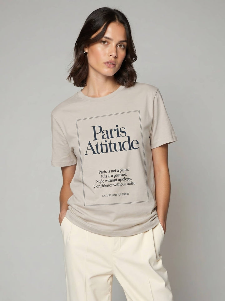 Model wearing Soft Sand with Paris Attitude graphic by La Vie unfiltered