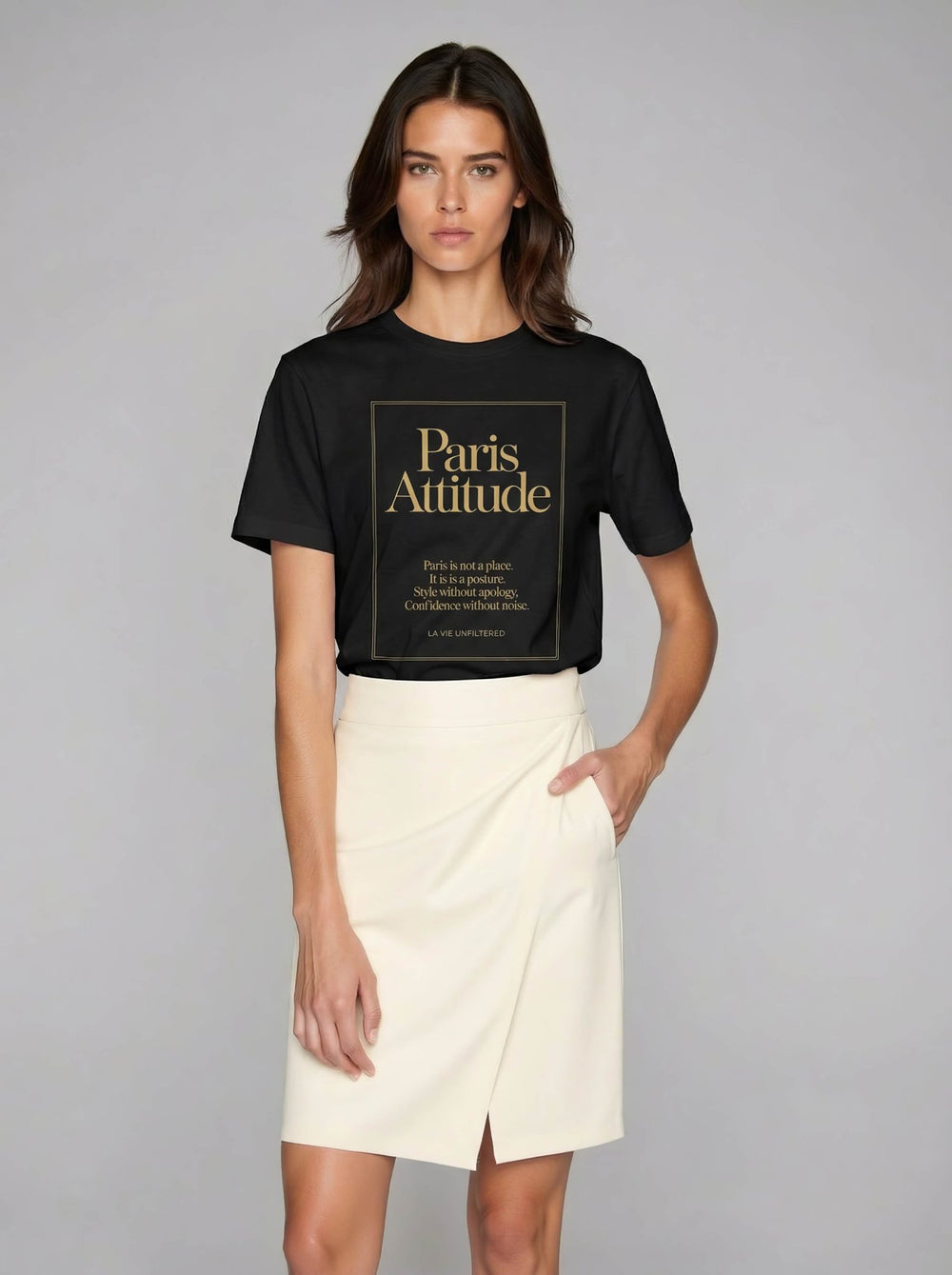 Model wearing Black with Paris Attitude graphic by La Vie unfiltered
