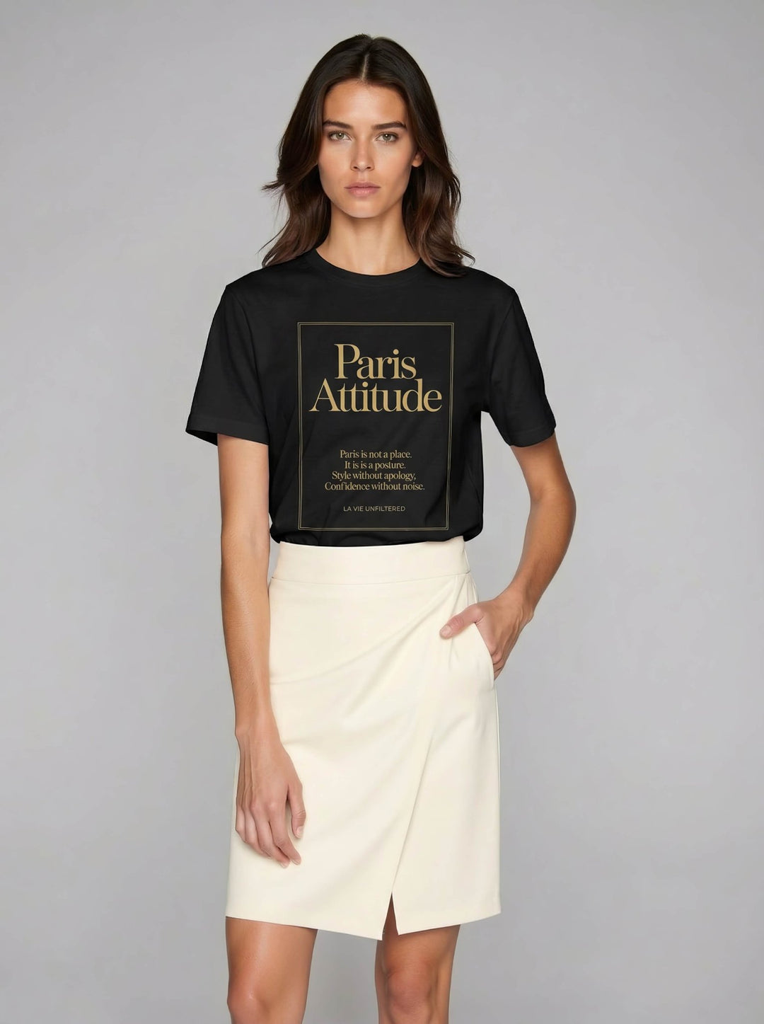 Model wearing Black with Paris Attitude graphic by La Vie unfiltered