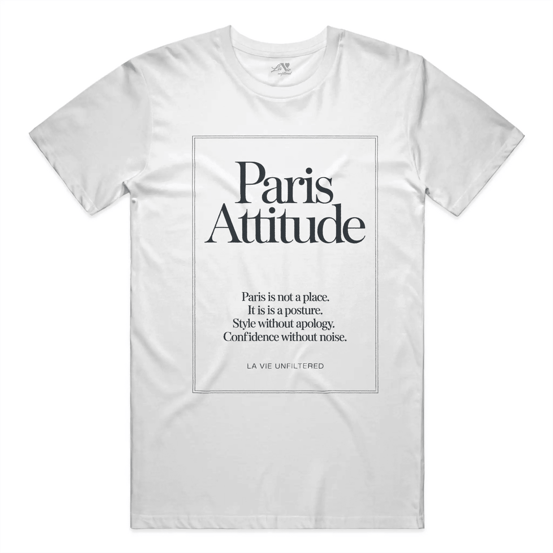 White t-shirt with Paris Attitude graphic by La Vie unfiltered