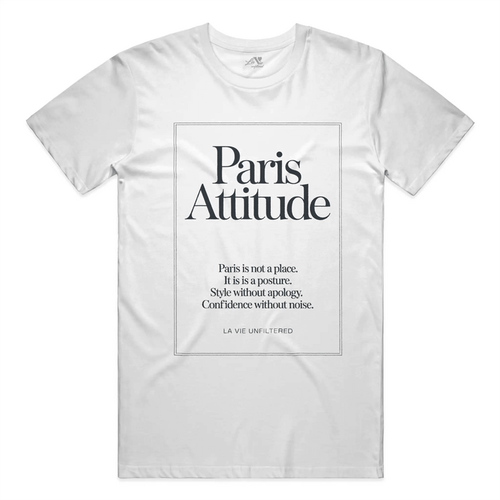 White t-shirt with Paris Attitude graphic by La Vie unfiltered