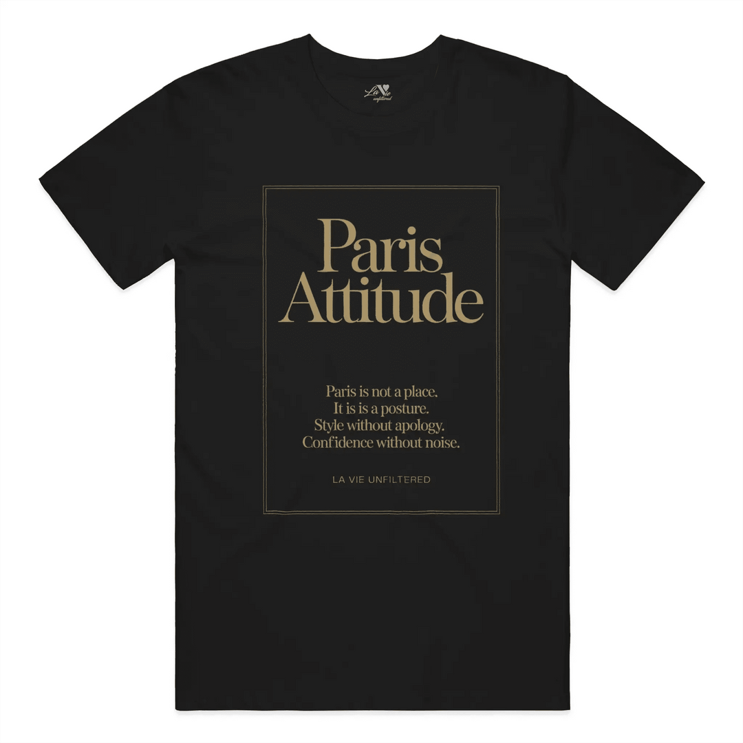 Black t-shirt with Paris Attitude graphic by La Vie unfiltered