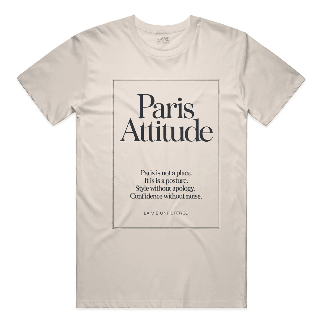 Soft Sand t-shirt with Paris Attitude graphic by La Vie unfiltered