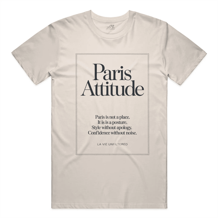 Soft Sand t-shirt with Paris Attitude graphic by La Vie unfiltered