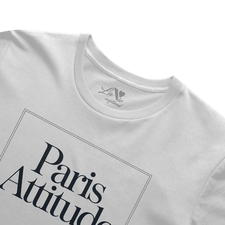 White t-shirt with Paris Attitude graphic by La Vie unfiltered