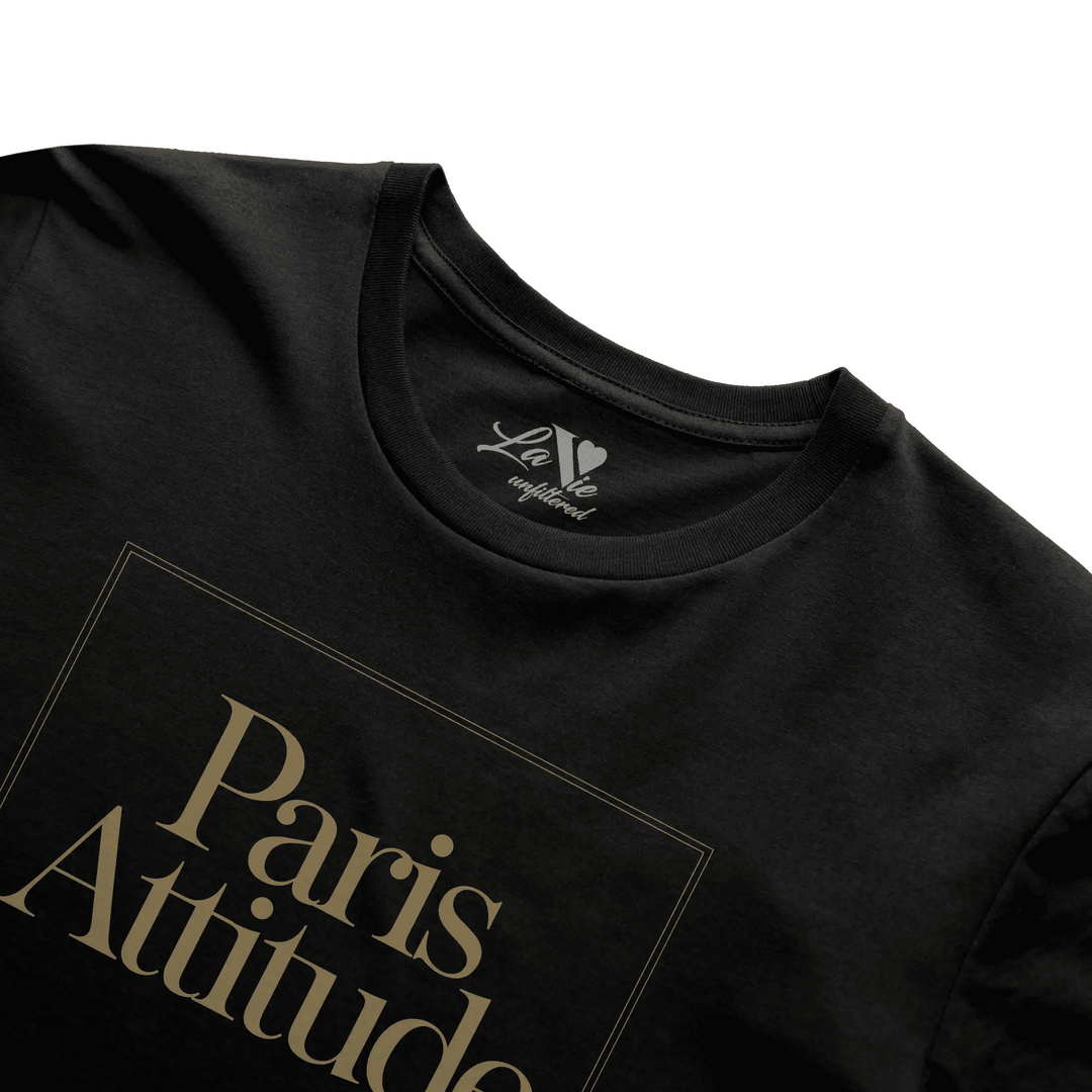 Black t-shirt with Paris Attitude graphic by La Vie unfiltered