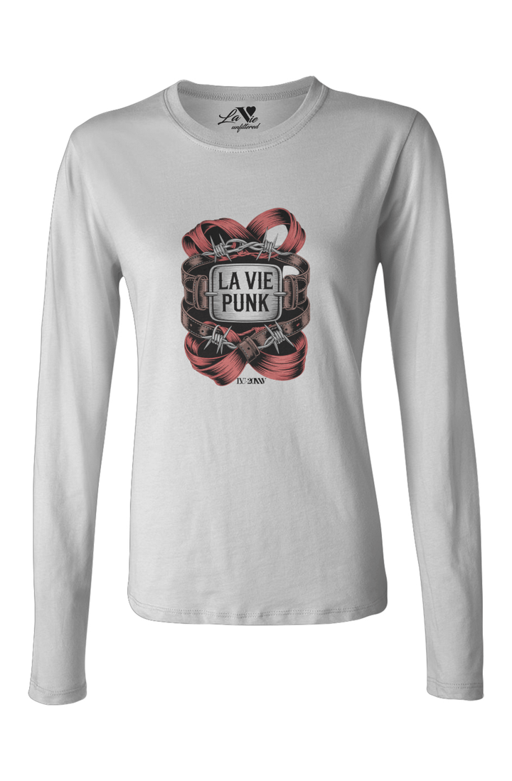 White long-sleeve Allure tee with bold red chain and lock graphic framing the words ‘La Vie Punk’ for an edgy Paris-inspired streetwear look.