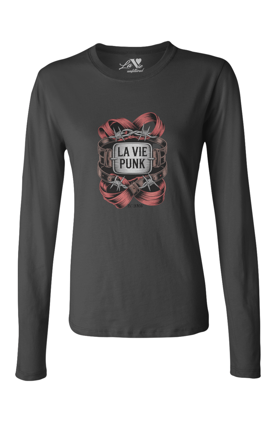 Black long-sleeve Allure tee featuring bold red chain and lock graphic framing the words ‘La Vie Punk’ for an edgy Parisian streetwear statement.