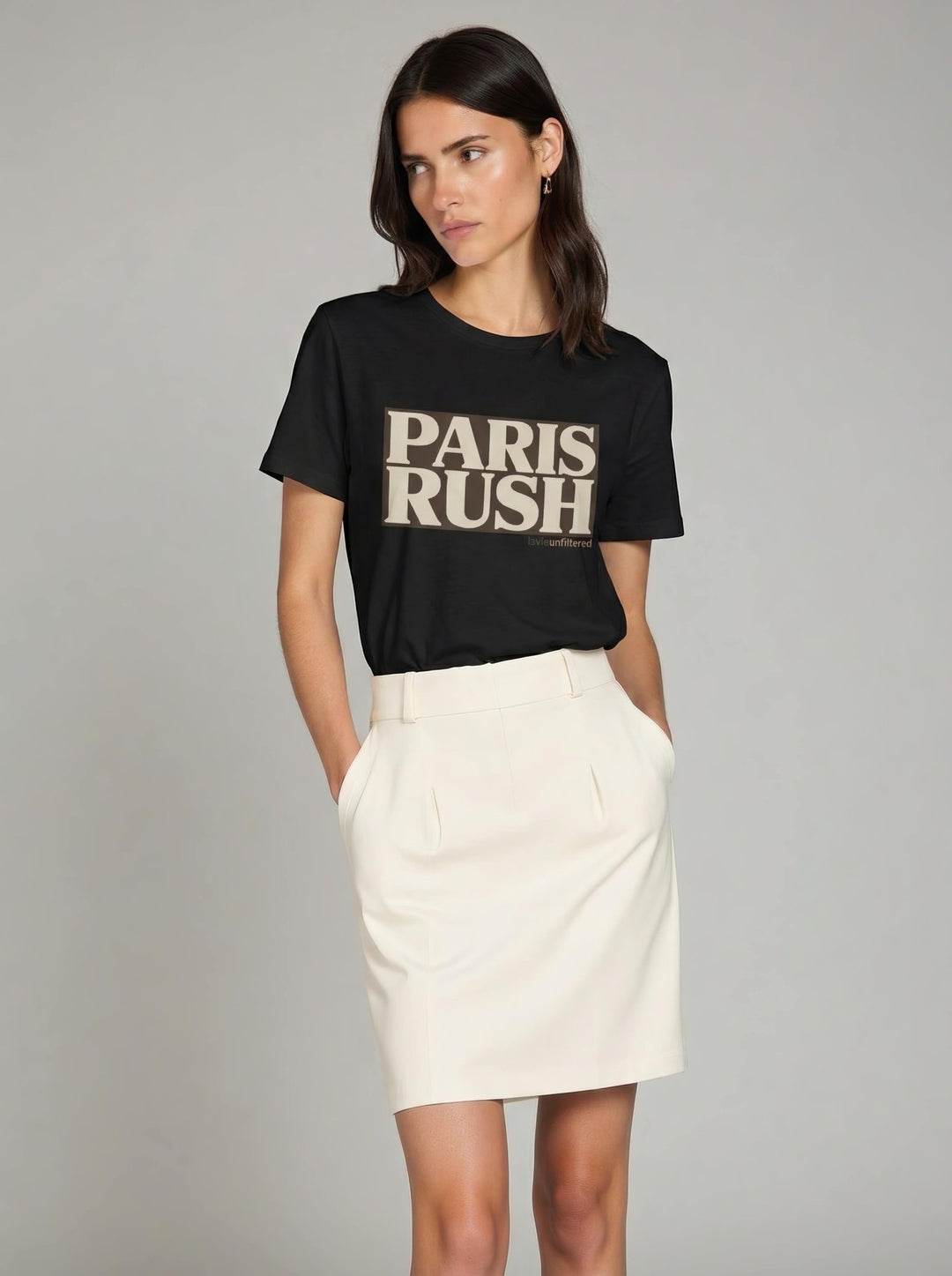 Model wearing Black with Paris Rush graphic by La Vie unfiltered