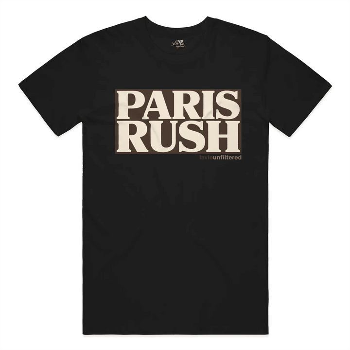 Black t-shirt with Paris Rush graphic by La Vie unfiltered