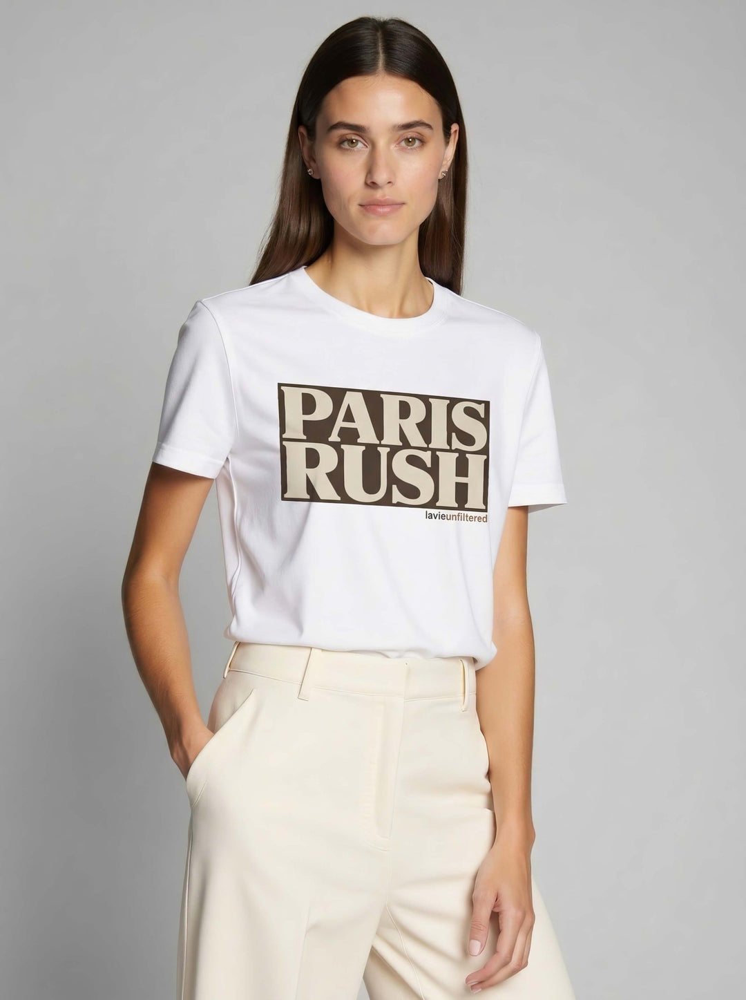 Model wearing White with Paris Rush graphic by La Vie unfiltered