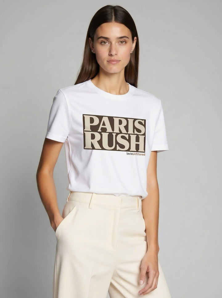 Model wearing White with Paris Rush graphic by La Vie unfiltered