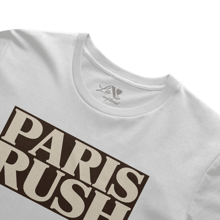 White t-shirt with Paris Rush graphic by La Vie unfiltered