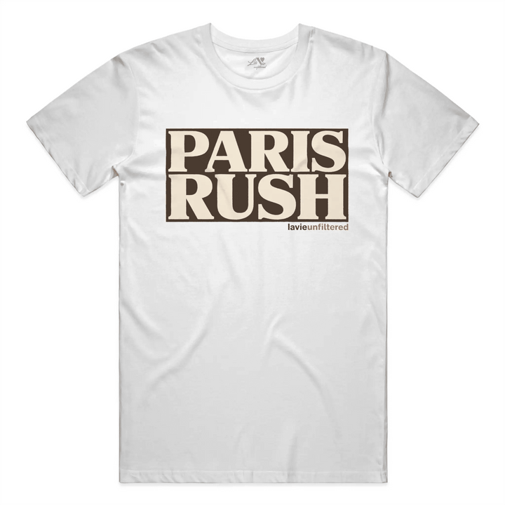 White t-shirt with Paris Rush graphic by La Vie unfiltered