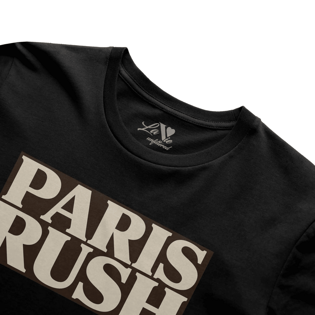 Black t-shirt with Paris Rush graphic by La Vie unfiltered