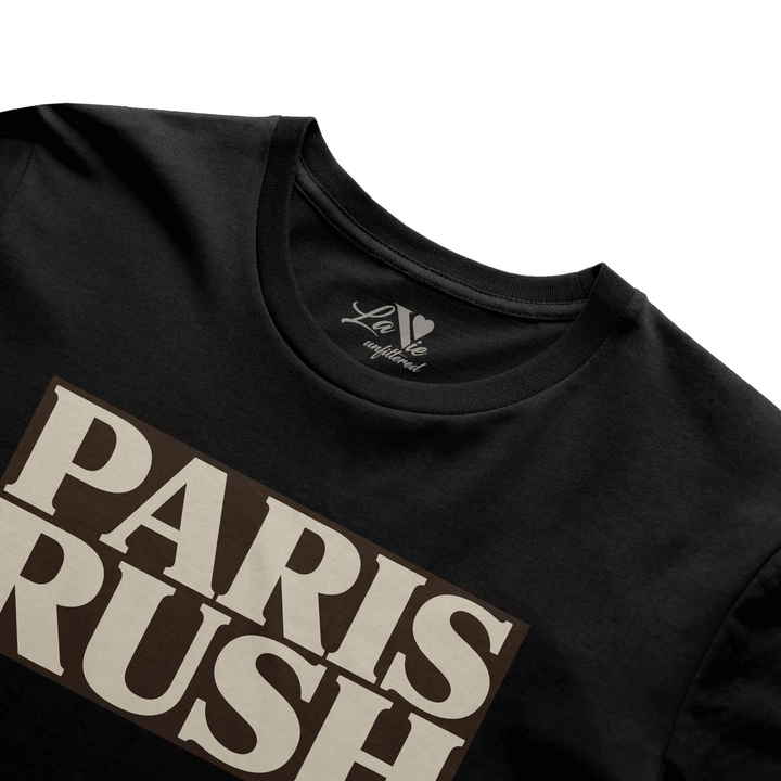 Black t-shirt with Paris Rush graphic by La Vie unfiltered