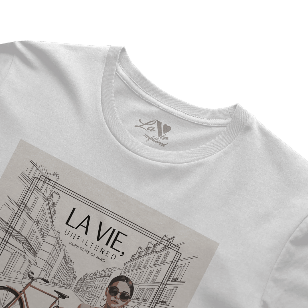 White t-shirt with Paris State of Mind graphic by La Vie unfiltered