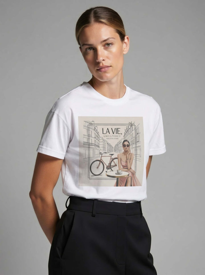 Model wearing White with Paris State of Mind graphic by La Vie unfiltered