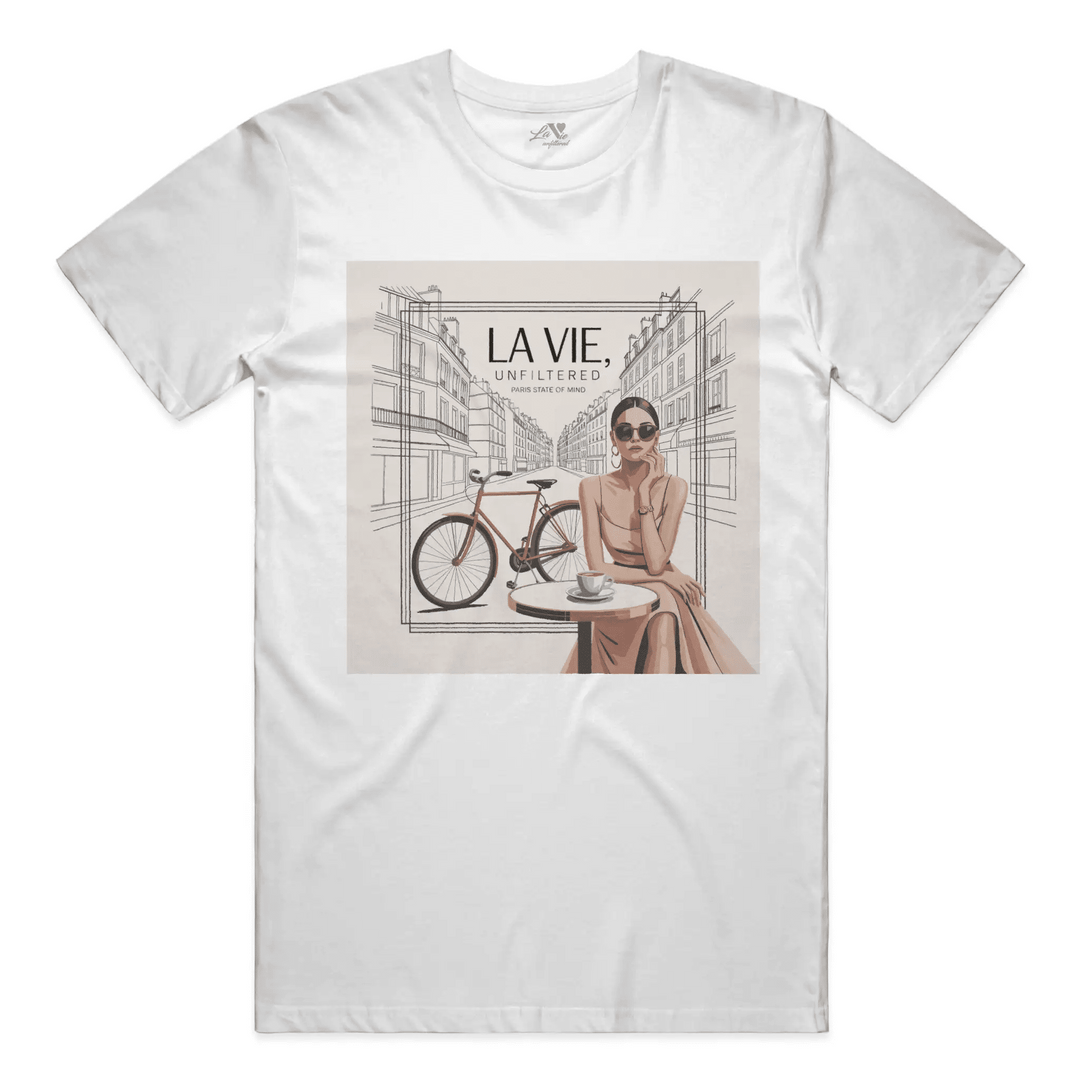 White t-shirt with Paris State of Mind graphic by La Vie unfiltered