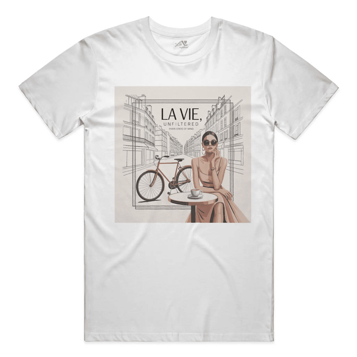 White t-shirt with Paris State of Mind graphic by La Vie unfiltered