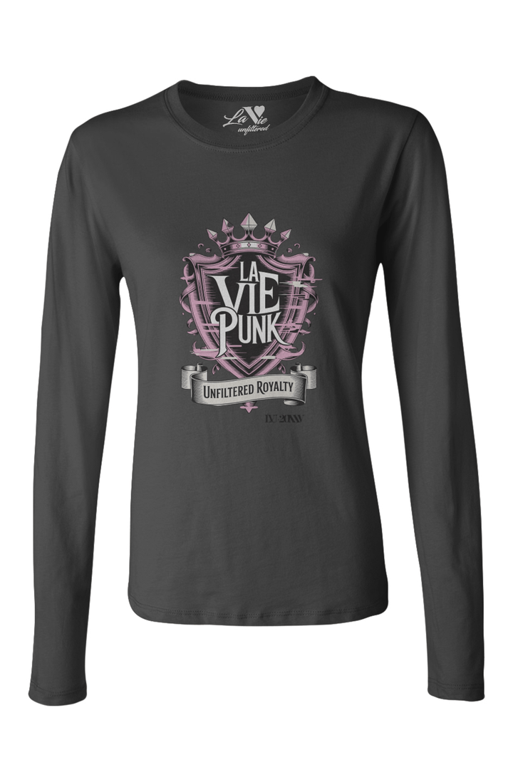 Black long-sleeve Allure tee featuring a bold pink and silver crest graphic with crown spikes, the words ‘La Vie Punk’ and ‘Unfiltered Royalty’ for a dark regal punk look.