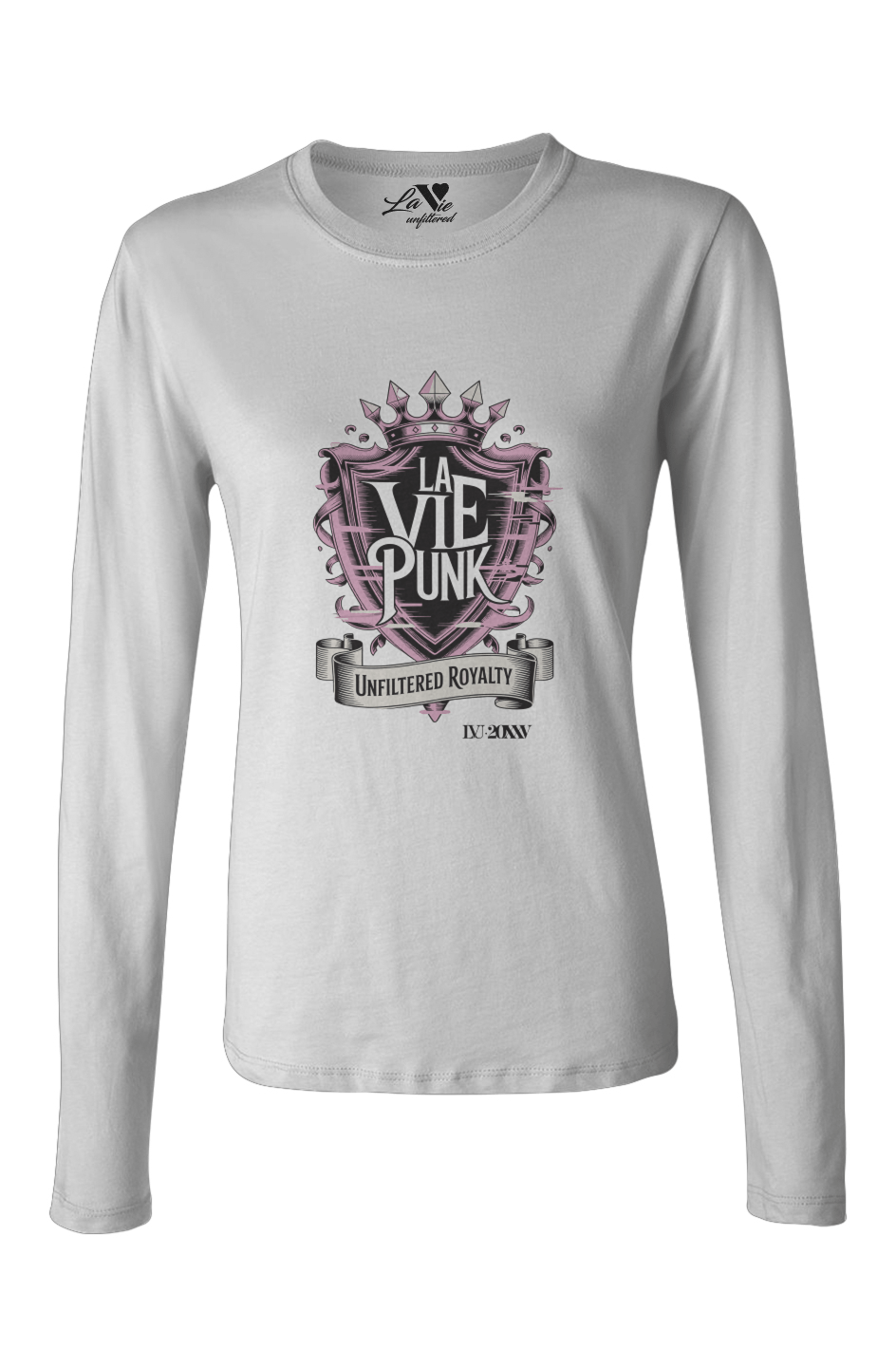 White long-sleeve Allure tee featuring a bold pink and black crest graphic with crown spikes, the words ‘La Vie Punk’ and ‘Unfiltered Royalty’ for a regal punk-inspired look.
