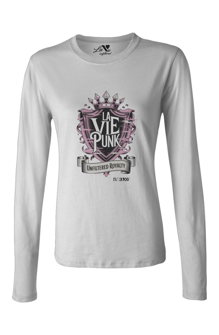 White long-sleeve Allure tee featuring a bold pink and black crest graphic with crown spikes, the words ‘La Vie Punk’ and ‘Unfiltered Royalty’ for a regal punk-inspired look.
