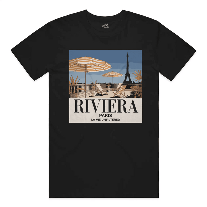Black t-shirt with Riviera Afternoon graphic by La Vie unfiltered