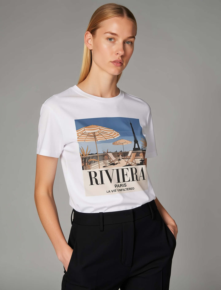 Model wearing White with Riviera Afternoon graphic by La Vie unfiltered