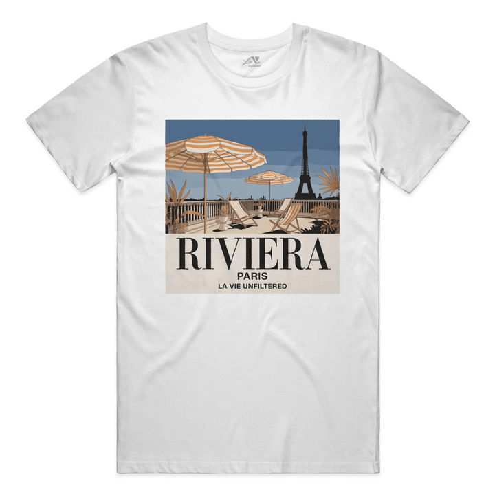 White t-shirt with Riviera Afternoon graphic by La Vie unfiltered