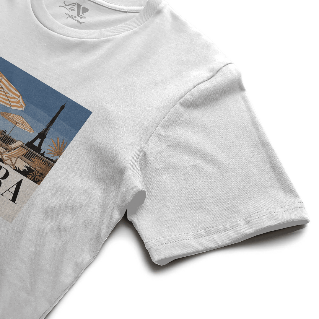 White t-shirt with Riviera Afternoon graphic by La Vie unfiltered