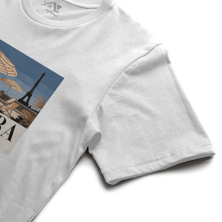 White t-shirt with Riviera Afternoon graphic by La Vie unfiltered
