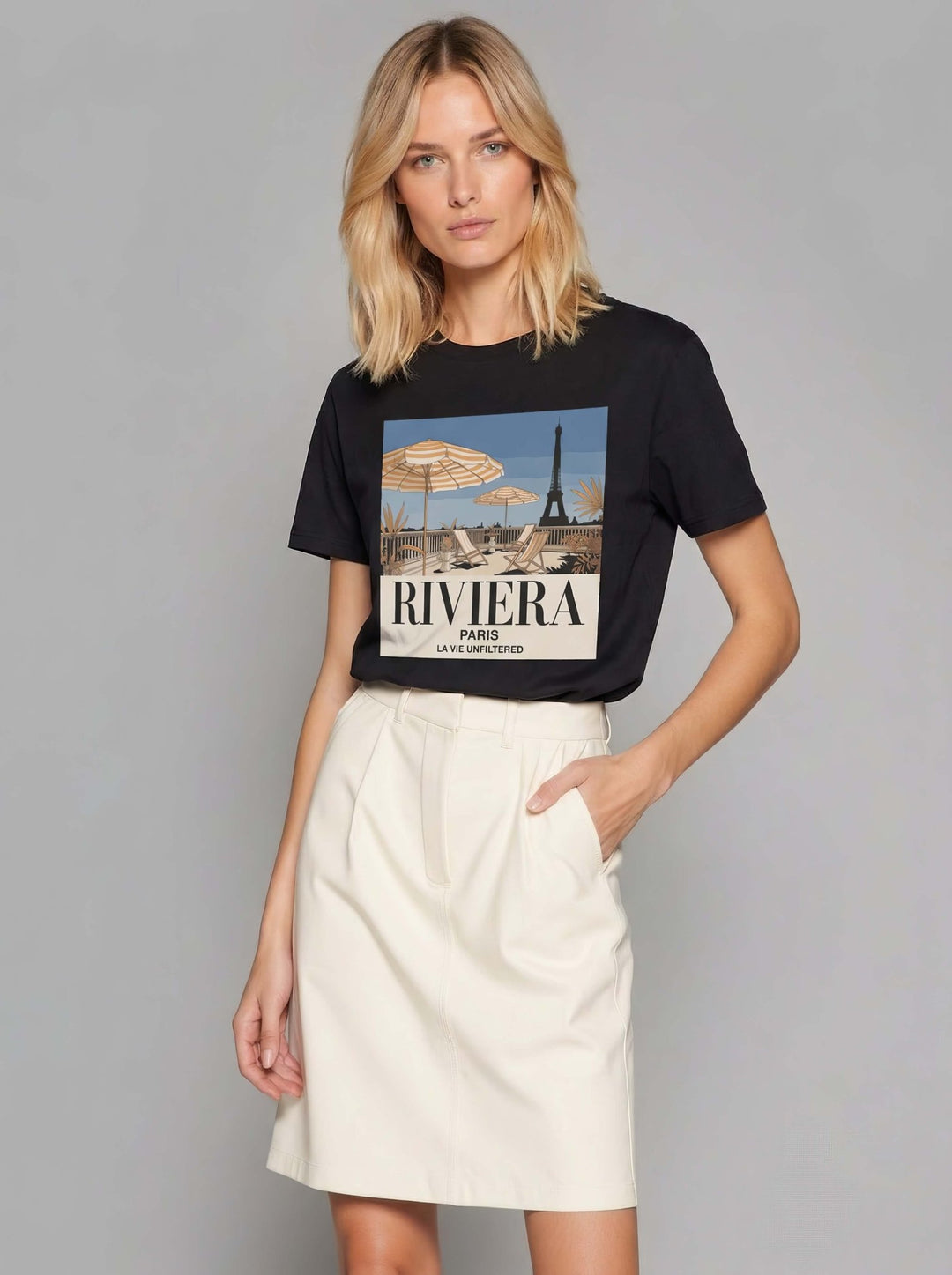 Model wearing Black with Riviera Afternoon graphic by La Vie unfiltered