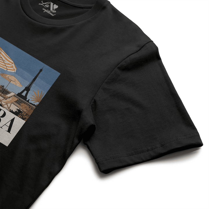 Black t-shirt with Riviera Afternoon graphic by La Vie unfiltered