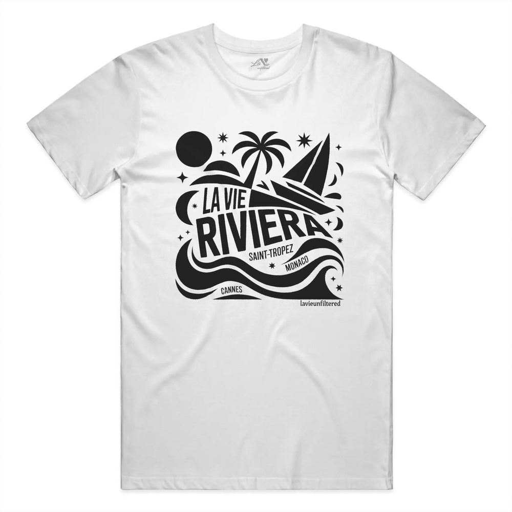 White t-shirt with Riviera Nocturne graphic by La Vie unfiltered