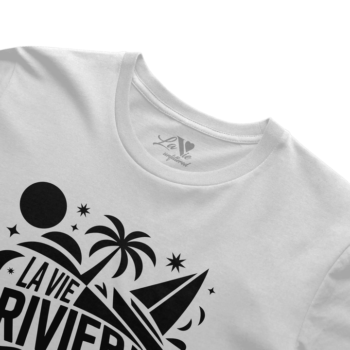 White t-shirt with Riviera Nocturne graphic by La Vie unfiltered
