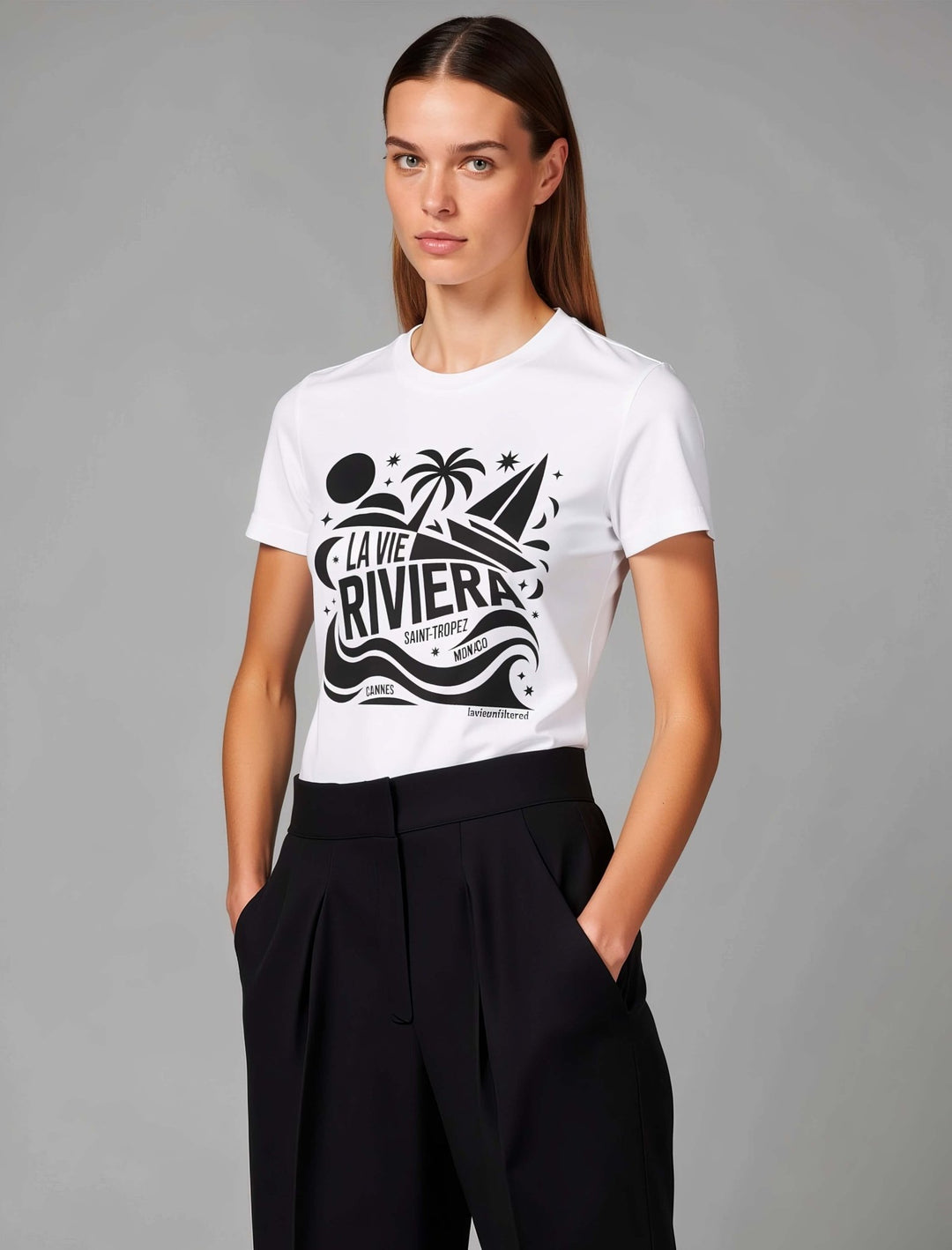 Model wearing White with Riviera Nocturne graphic by La Vie unfiltered