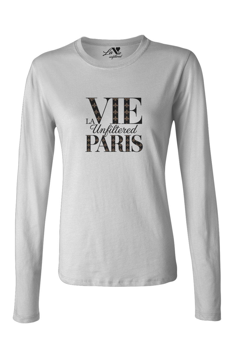 White long-sleeve La Vie unfiltered shirt with bold black text “VIE LA Unfiltered PARIS” across the chest, featuring a subtle star-pattern detail inside the letters.