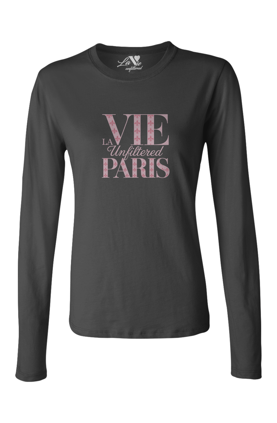 Black long-sleeve La Vie unfiltered shirt with soft pink text “VIE LA Unfiltered PARIS” across the chest, featuring a tonal patterned detail inside the letters.