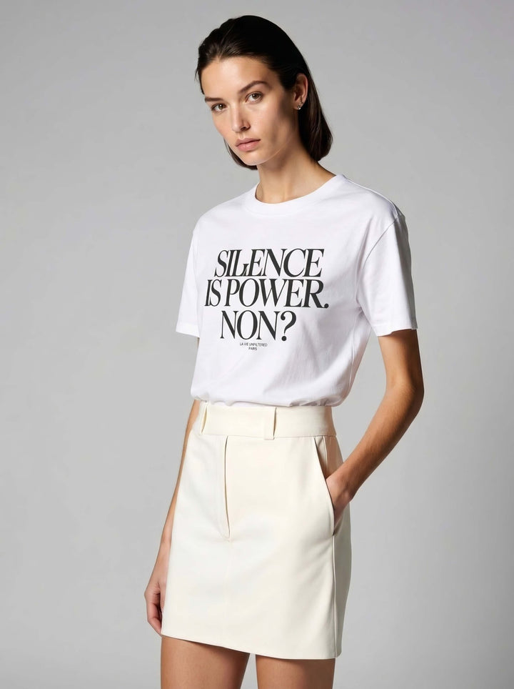 Model wearing White with Silence is power graphic by La Vie unfiltered