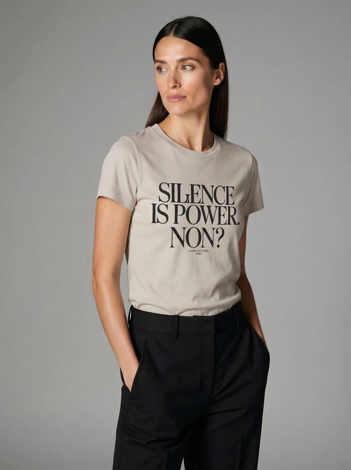 Model wearing Soft Sand with Silence is power graphic by La Vie unfiltered