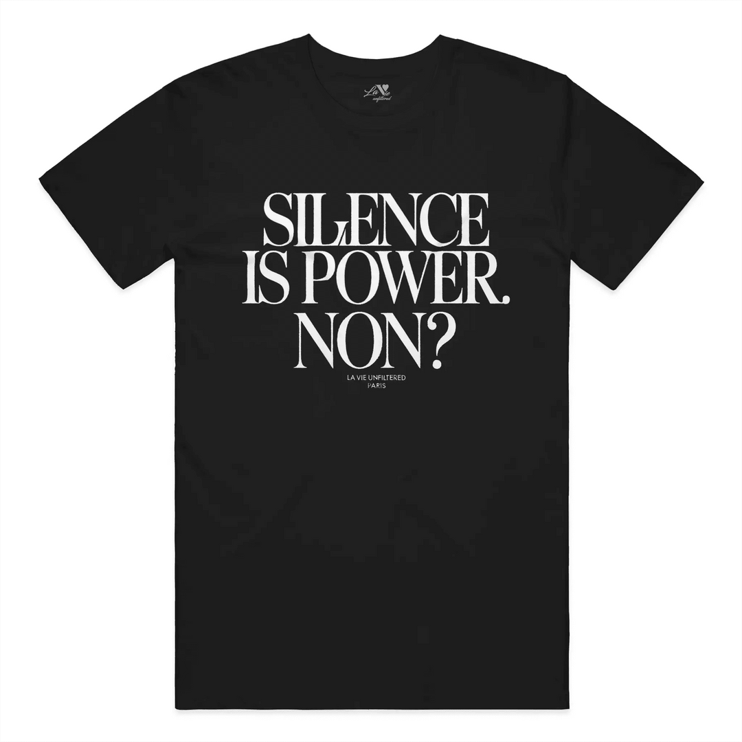 Black t-shirt with Silence is power graphic print by La Vie unfiltered