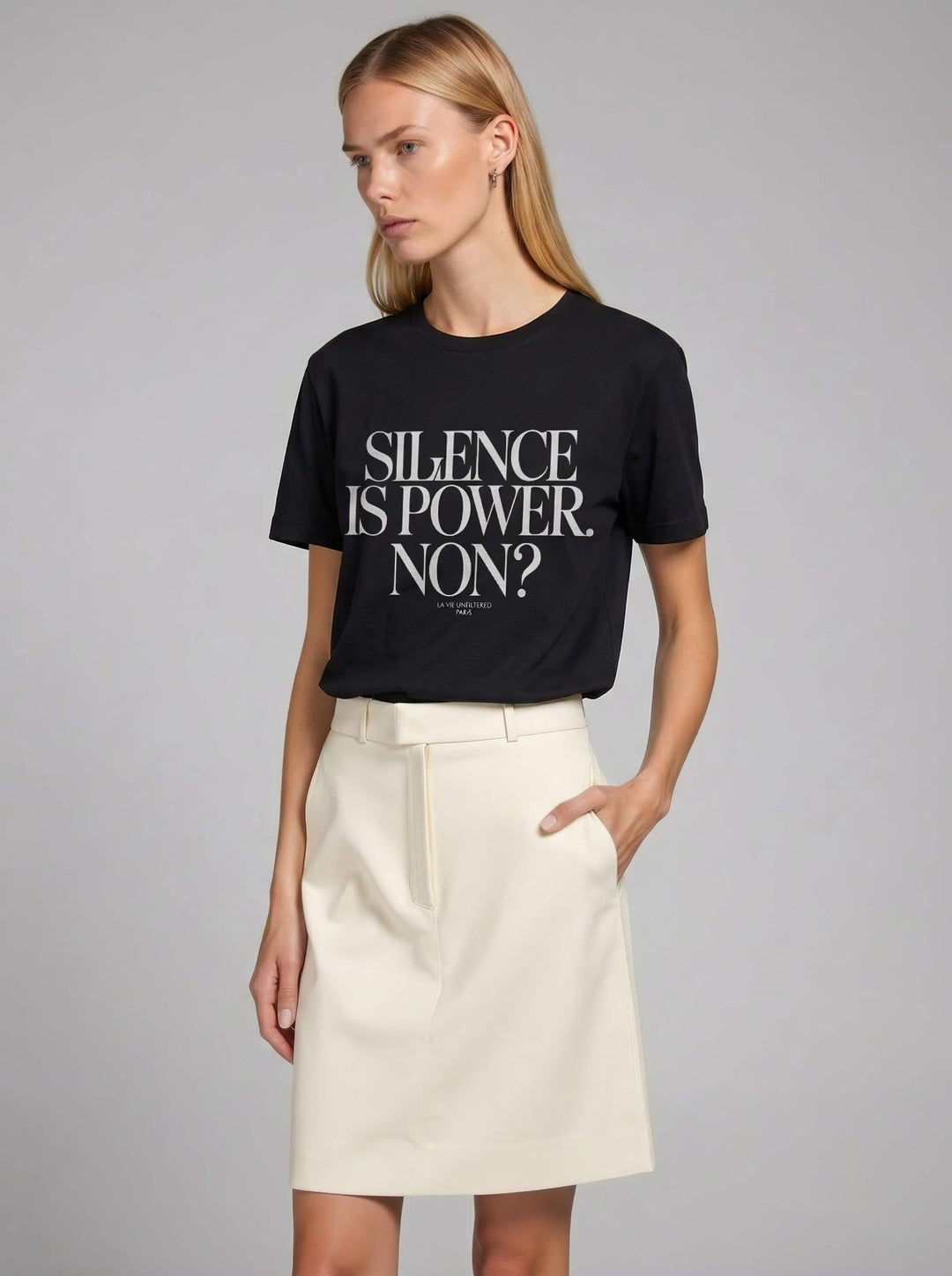 Model wearing Black with Silence is power graphic by La Vie unfiltered